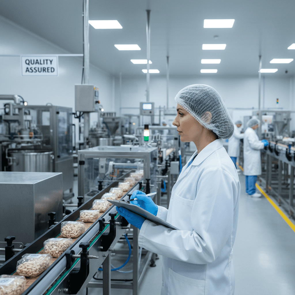Food safety consultant inspecting a modern food production facility, ensuring compliance.