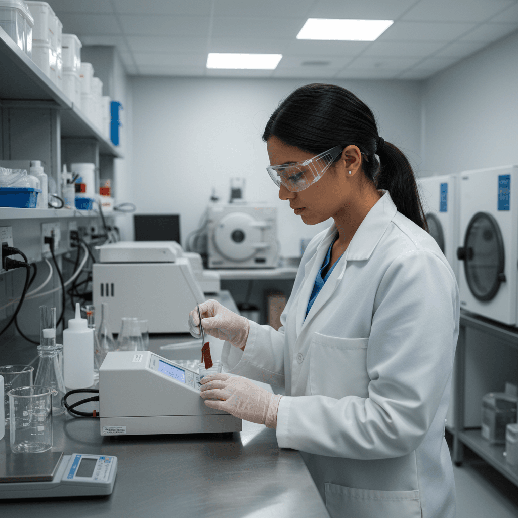 Female food scientist testing beef jerky for water activity in a modern lab.