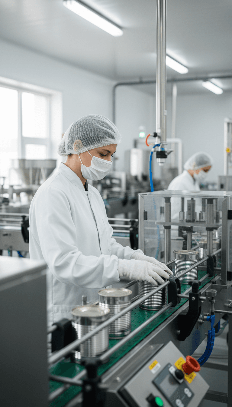 Production worker in protective uniform inspecting sealed cans at quality control station