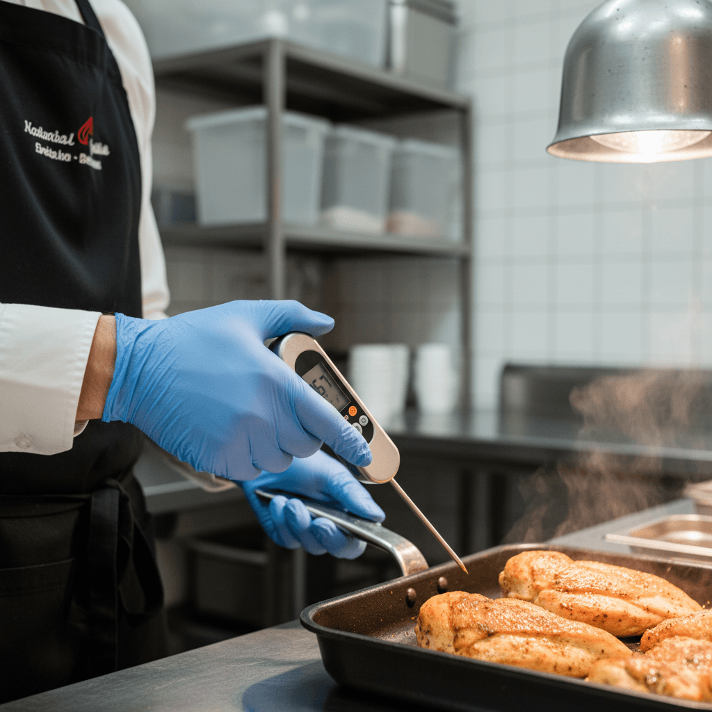 Food safety consultant checking food temperature with digital thermometer while wearing blue food-safe gloves in commercial kitchen.
