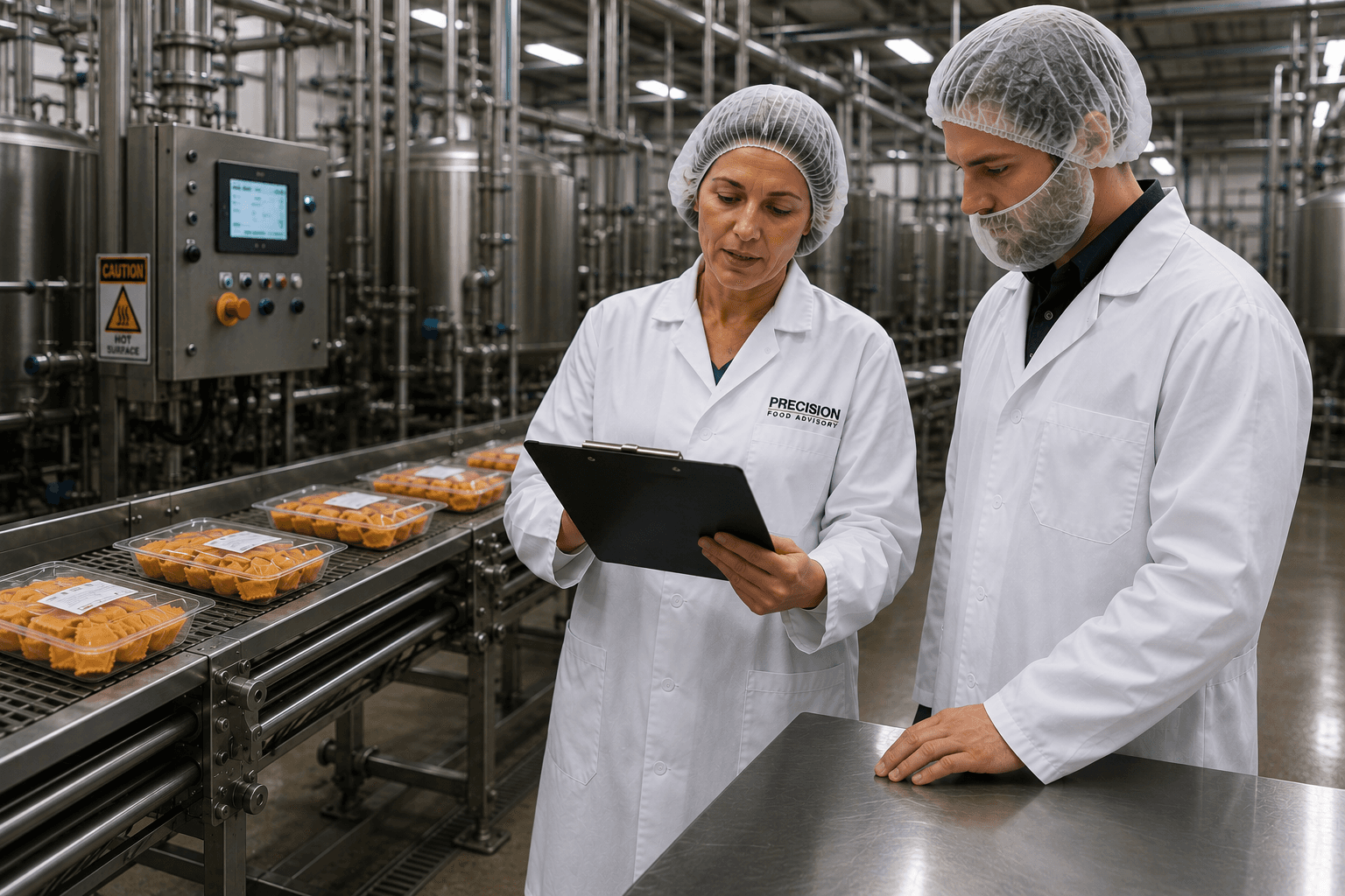 Two food safety inspectors in lab coats review a clipboard in a food processing facility.