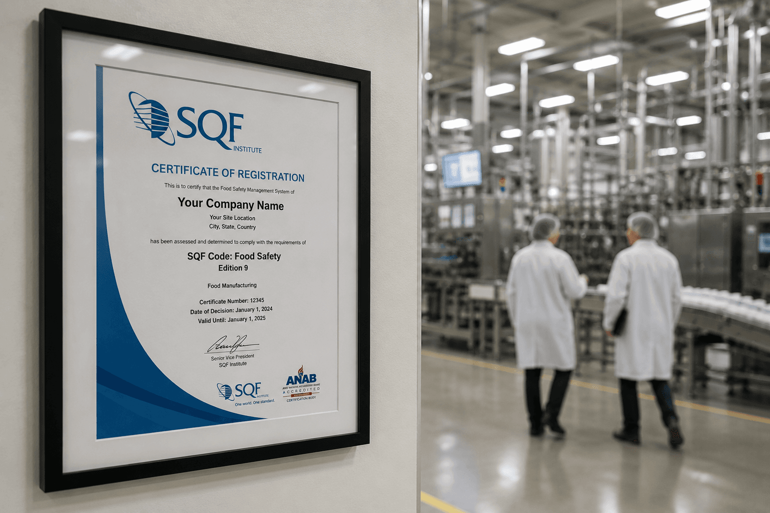 Framed SQF Food Safety certificate on a wall with a food manufacturing facility background.